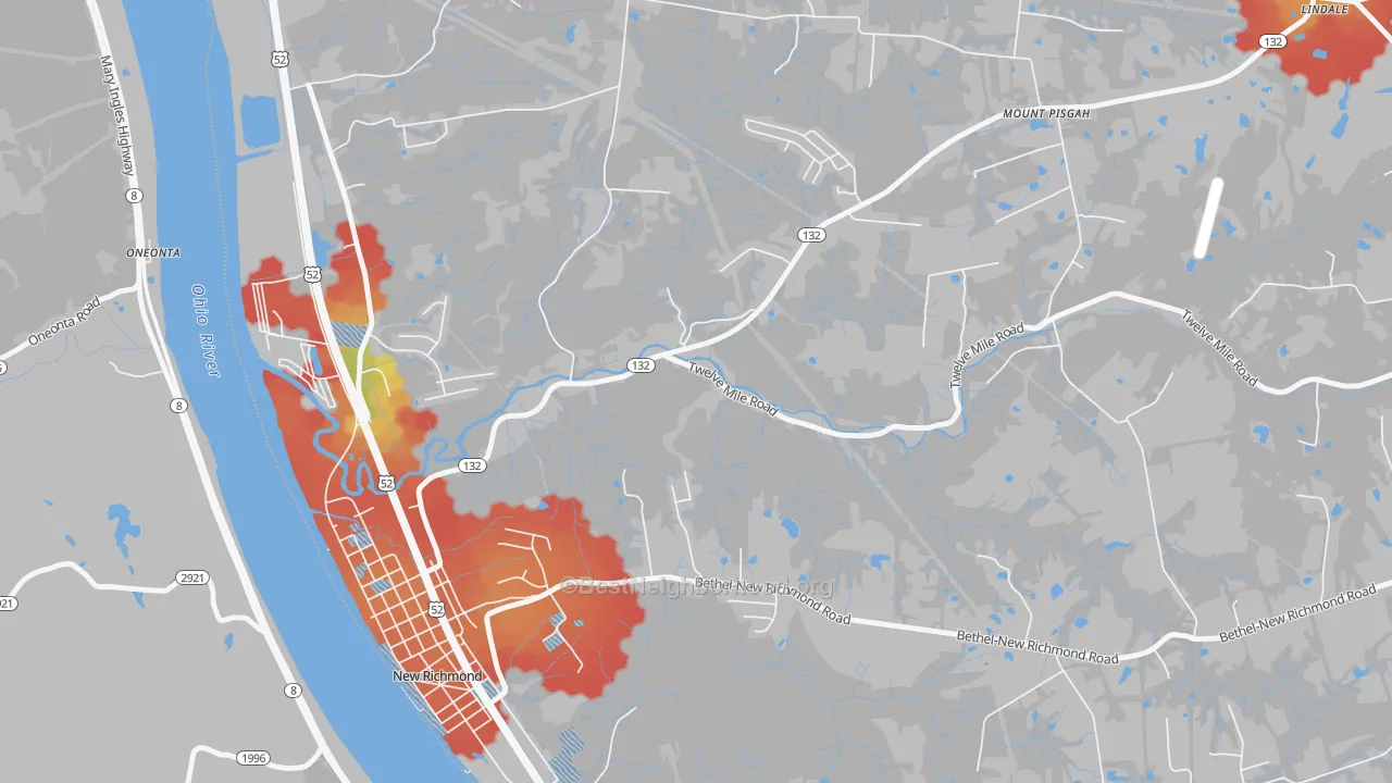 Walk Grade map of Mount Pisgah, OH, walkable areas in green and car-dependent areas in red