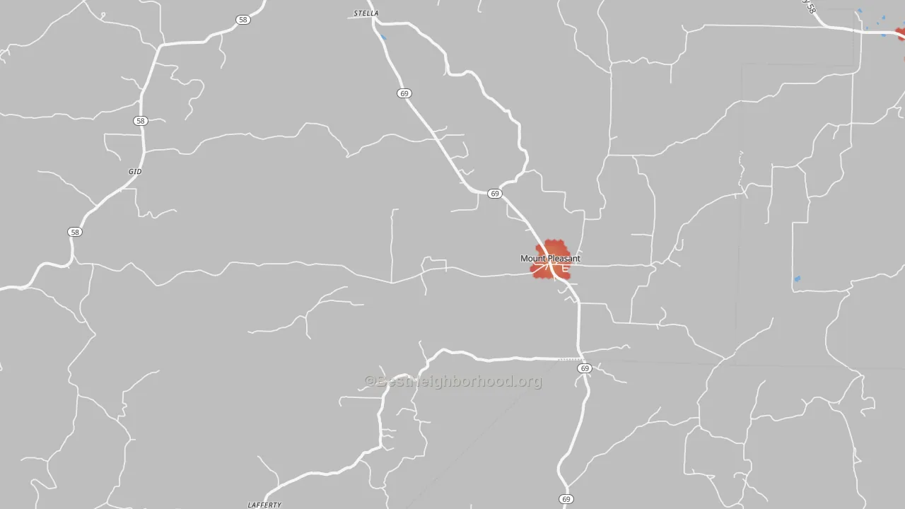 Walk Grade map of Mount Pleasant, AR, walkable areas in green and car-dependent areas in red