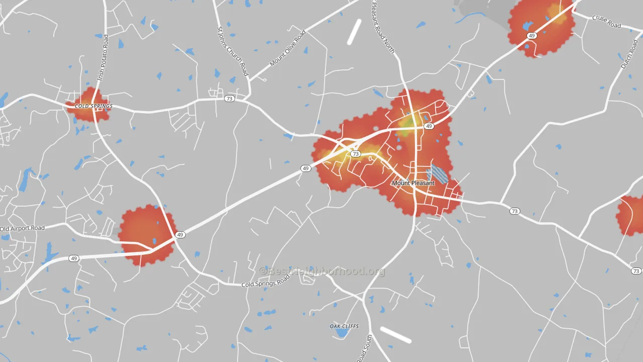 Walk Grade map of Mount Pleasant Area, Mount Pleasant, NC, walkable areas in green and car-dependent areas in red