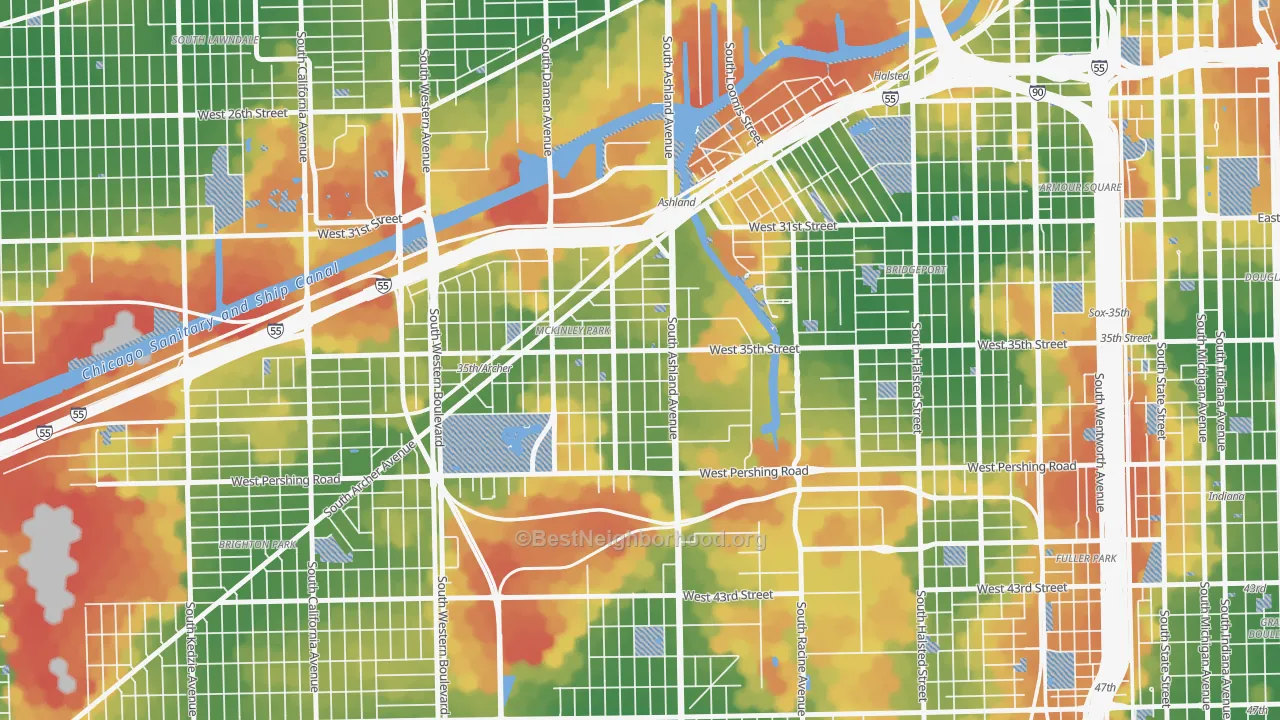 Walk Grade map of Mount Pleasant, Chicago, IL, walkable areas in green and car-dependent areas in red