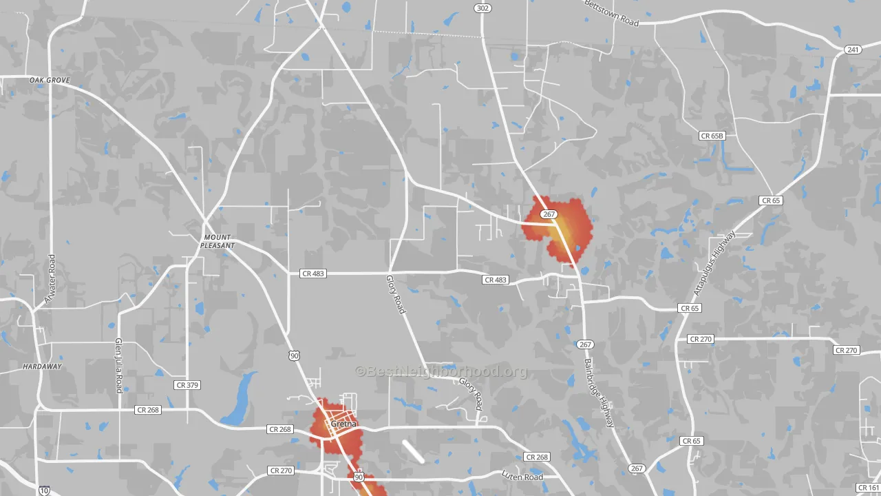 Walk Grade map of Mount Pleasant, FL, walkable areas in green and car-dependent areas in red