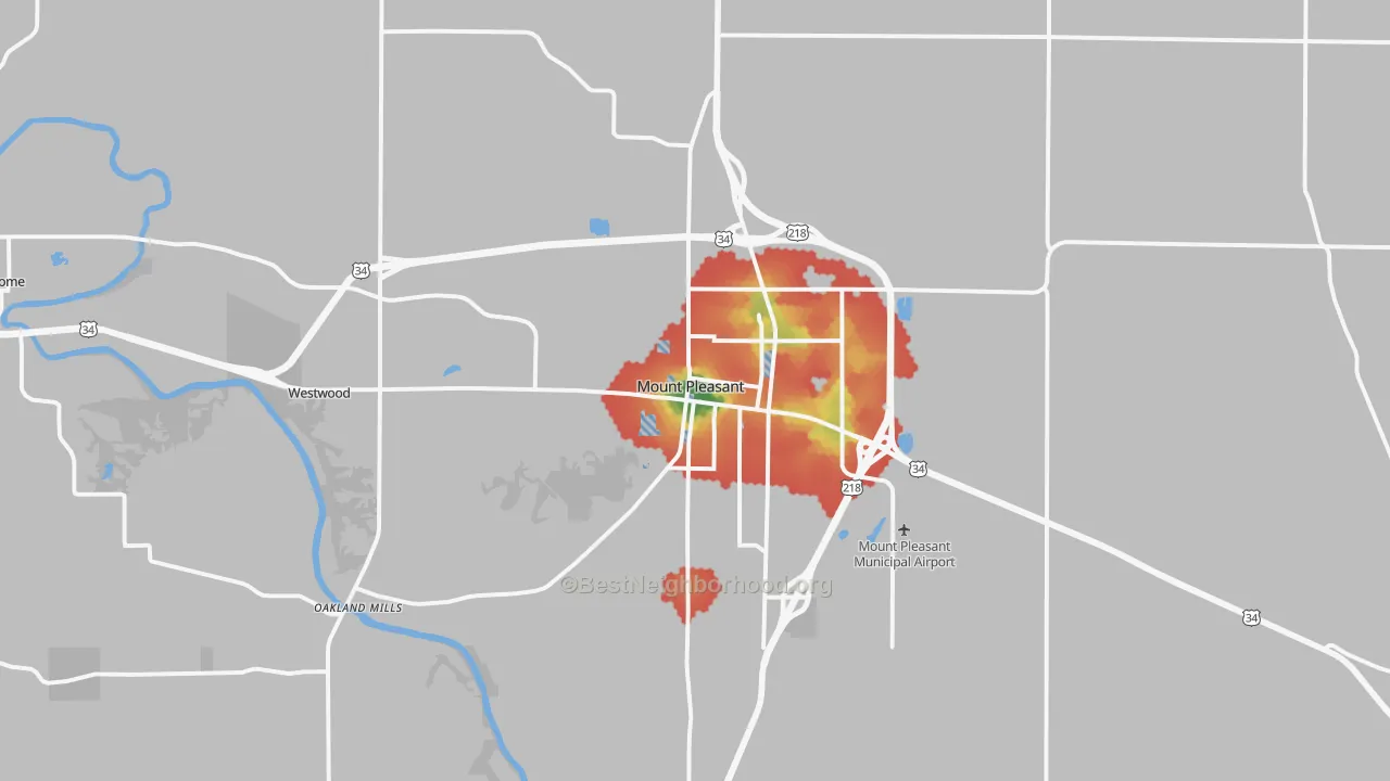 Walk Grade map of Mount Pleasant, IA, walkable areas in green and car-dependent areas in red