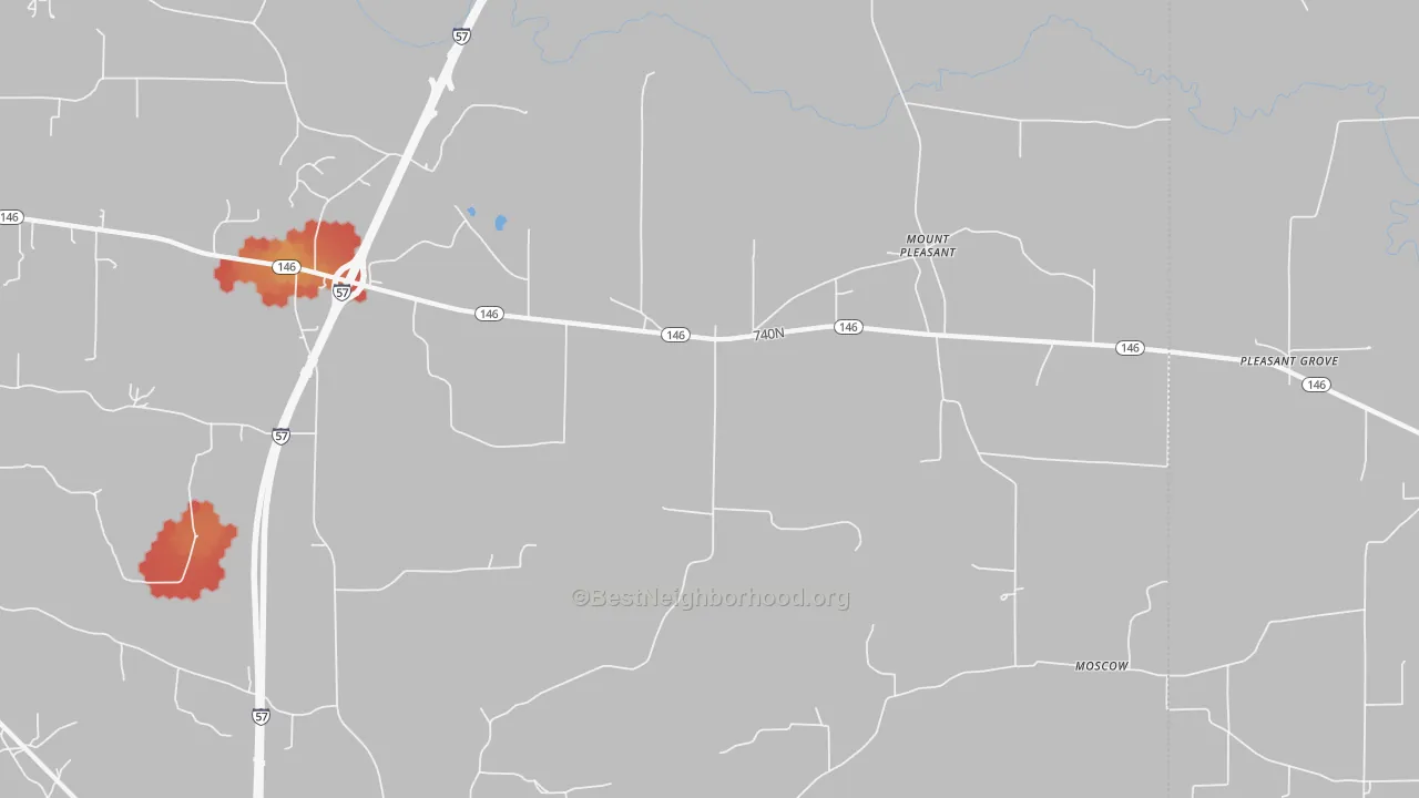 Walk Grade map of Mount Pleasant, IL, walkable areas in green and car-dependent areas in red