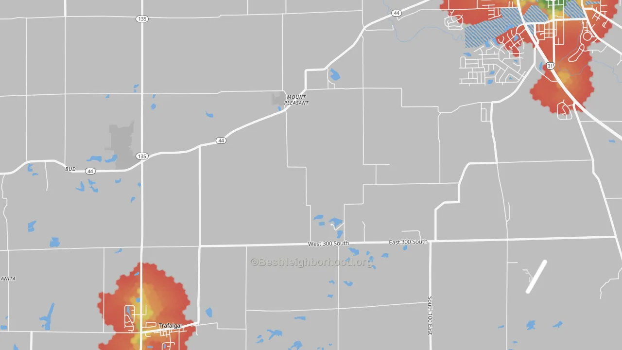 Walk Grade map of Mount Pleasant, IN, walkable areas in green and car-dependent areas in red