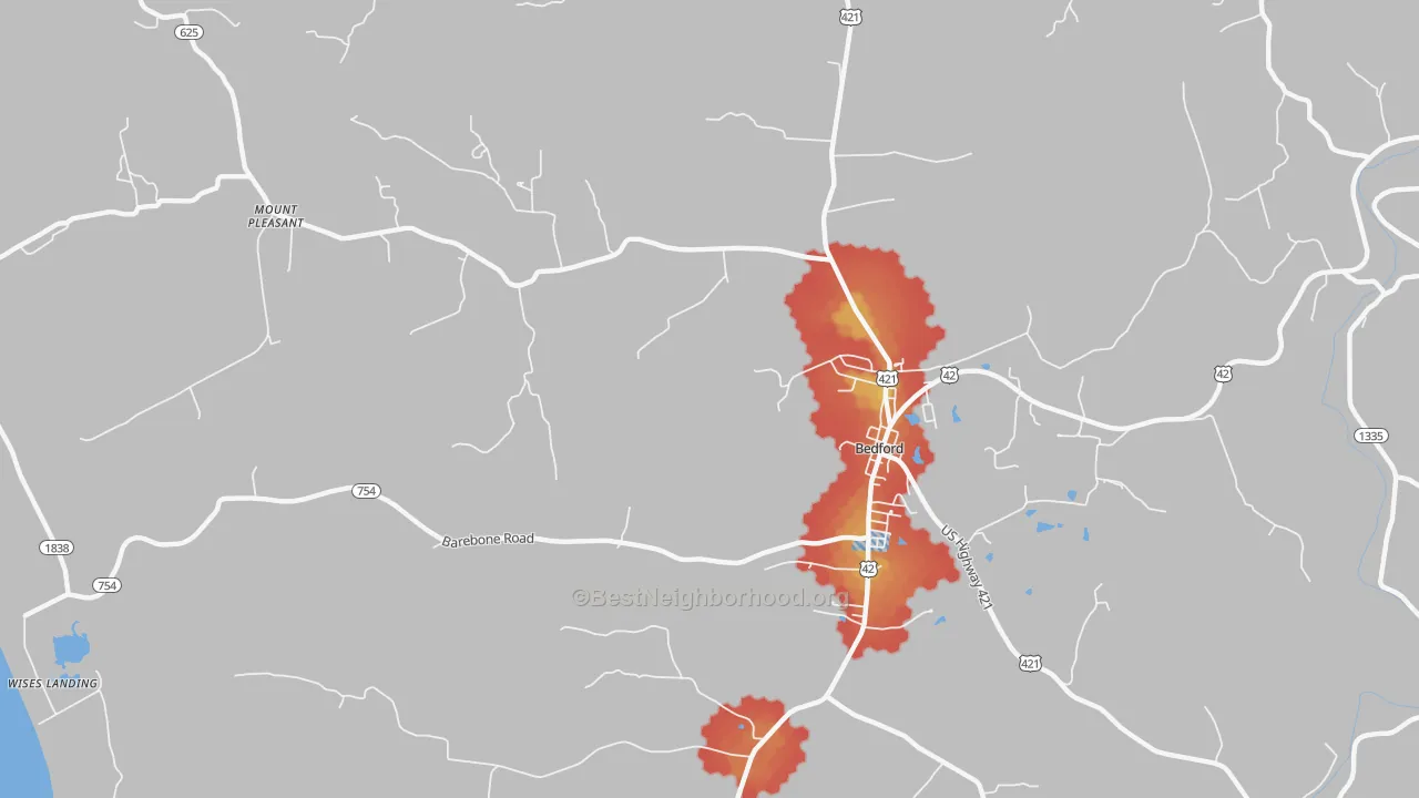 Walk Grade map of Mount Pleasant, KY, walkable areas in green and car-dependent areas in red