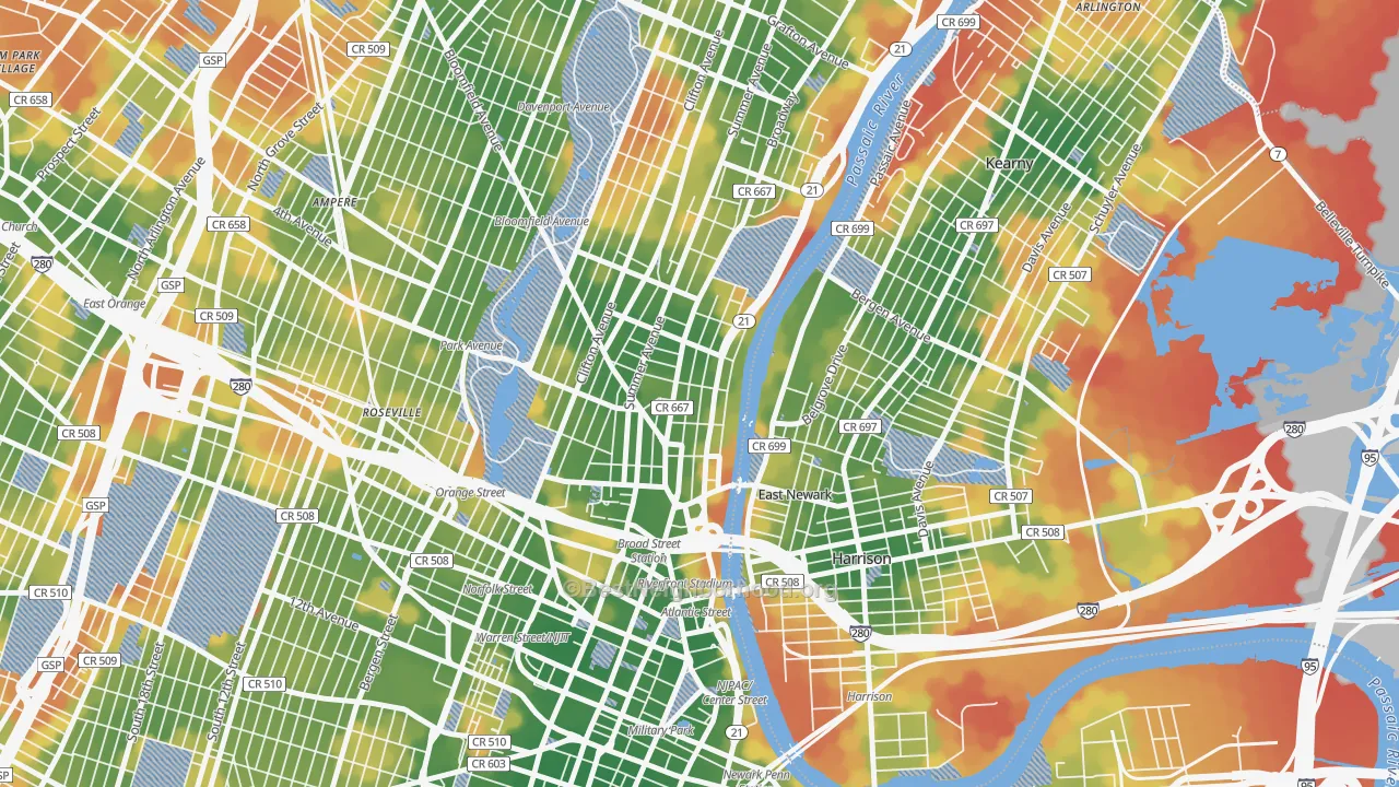 Walk Grade map of Mount Pleasant-Lower Broadway, Newark, NJ, walkable areas in green and car-dependent areas in red