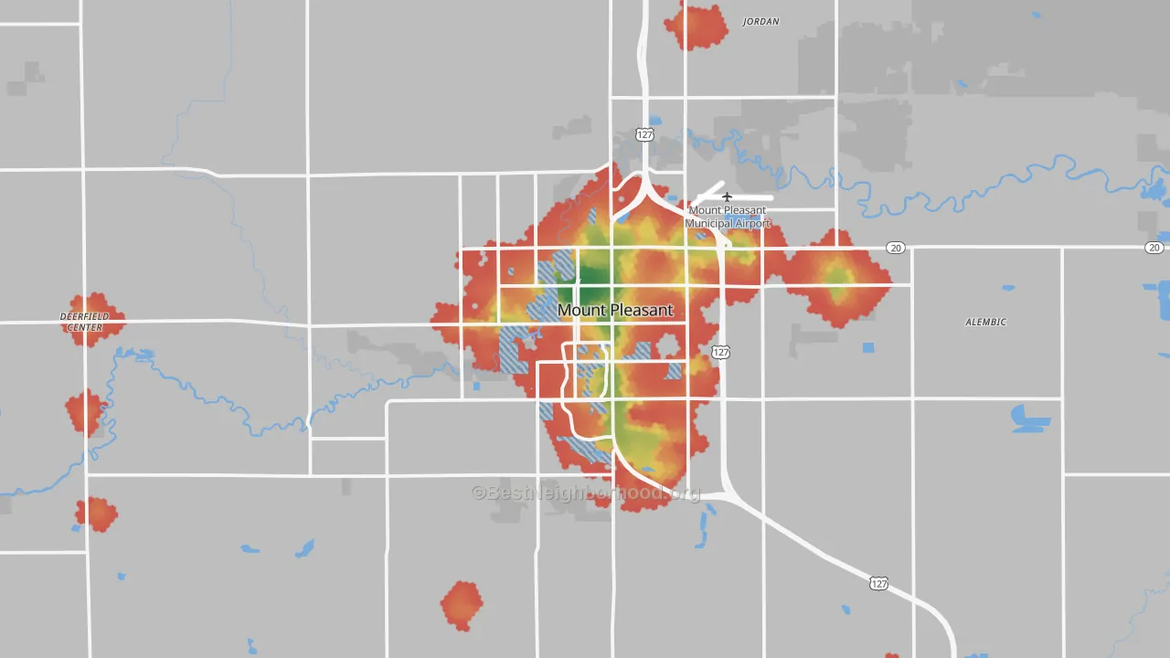 Walk Grade map of Mount Pleasant, MI, walkable areas in green and car-dependent areas in red