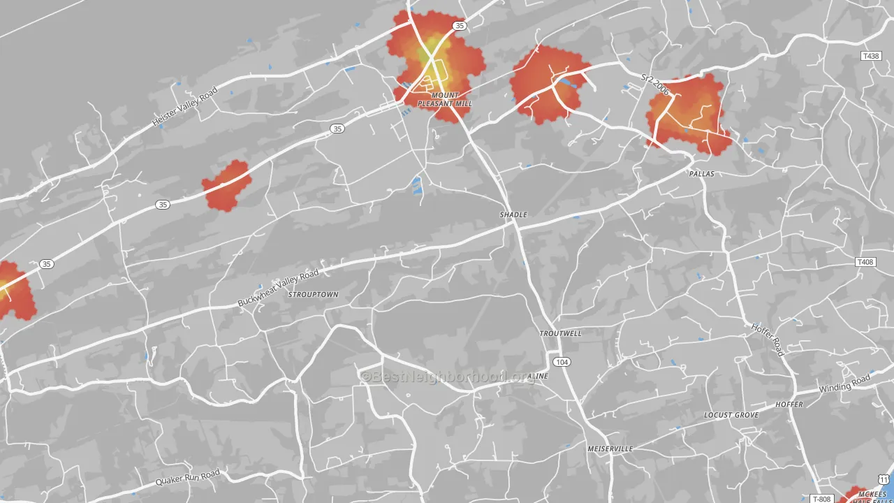 Walk Grade map of Mount Pleasant Mills, PA, walkable areas in green and car-dependent areas in red