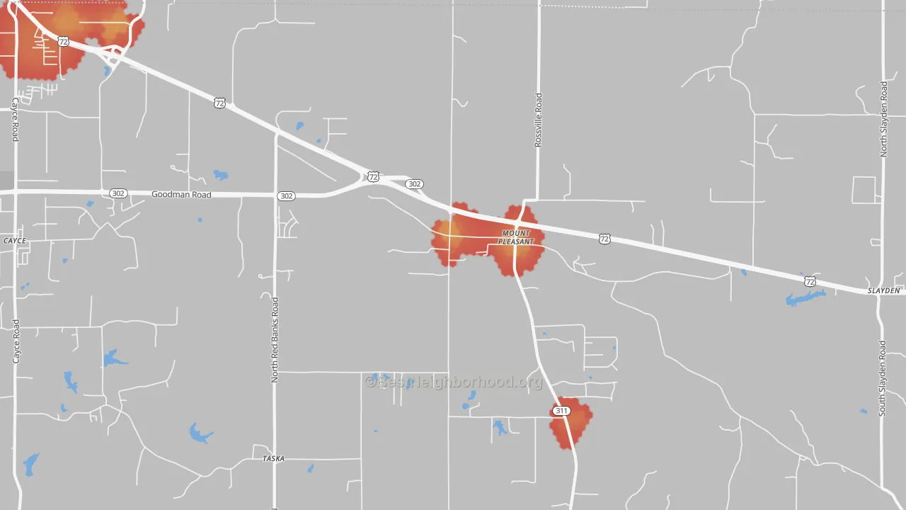 Walk Grade map of Mount Pleasant, MS, walkable areas in green and car-dependent areas in red