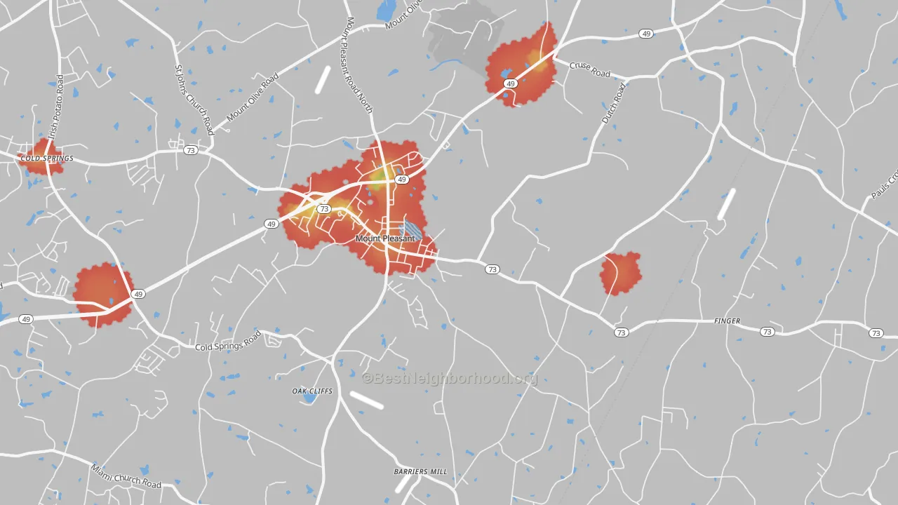 Walk Grade map of Mount Pleasant, NC, walkable areas in green and car-dependent areas in red
