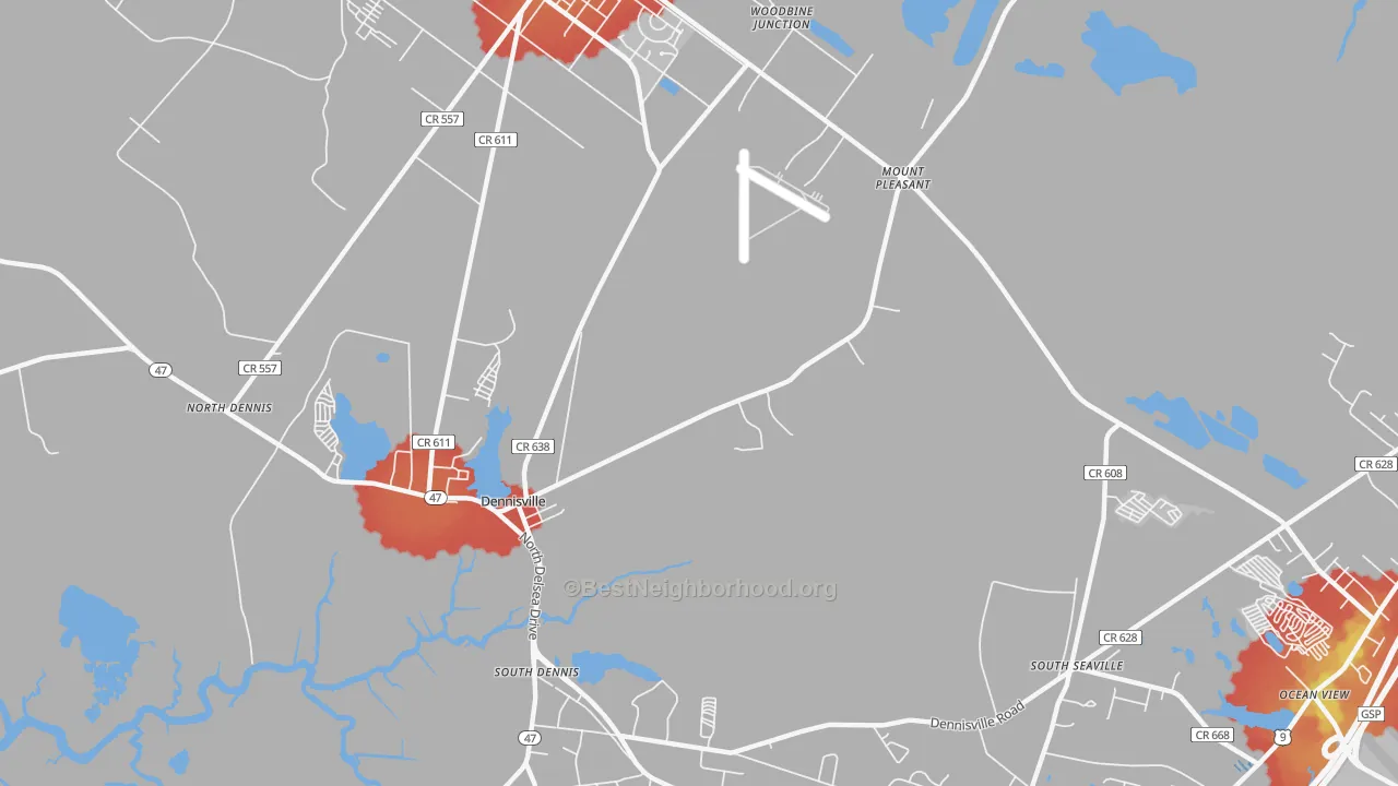 Walk Grade map of Mount Pleasant, NJ, walkable areas in green and car-dependent areas in red