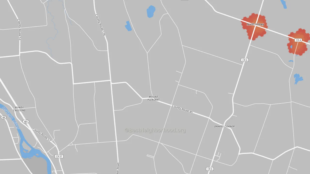 Walk Grade map of Mount Pleasant, NY, walkable areas in green and car-dependent areas in red