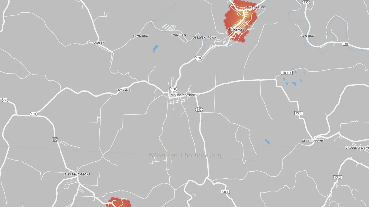 Walk Grade map of Mount Pleasant, OH, walkable areas in green and car-dependent areas in red