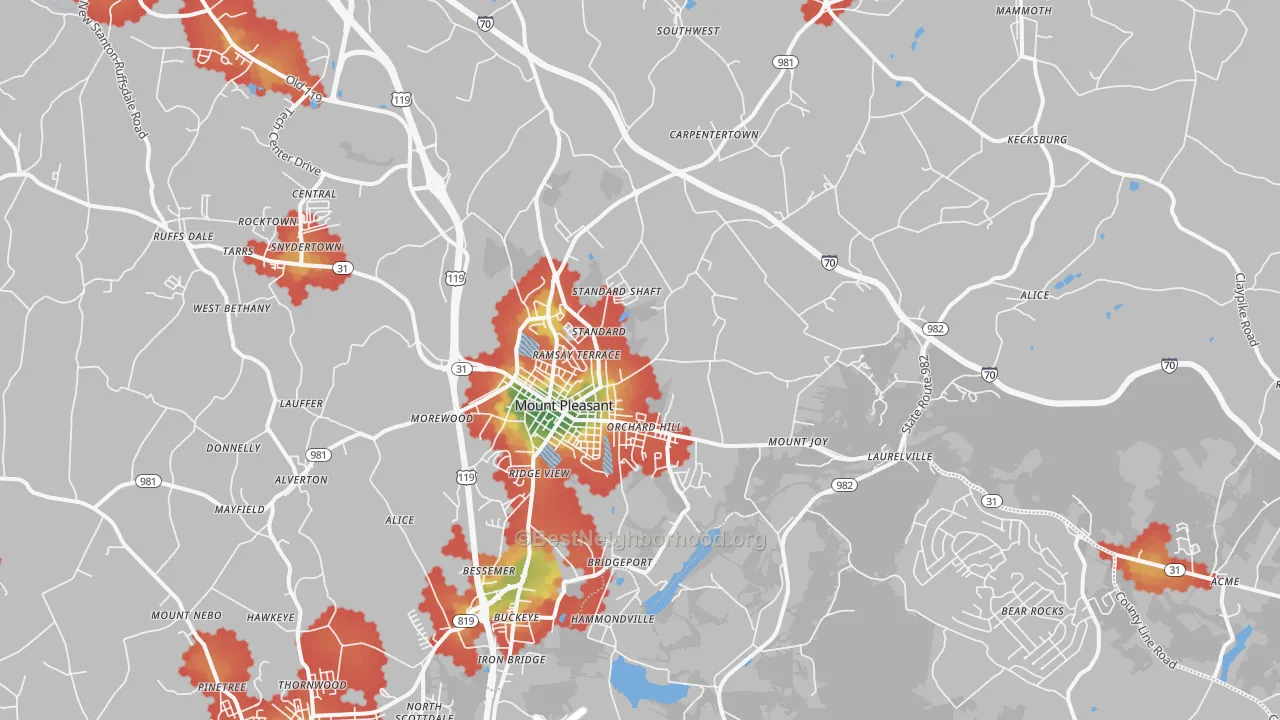 Walk Grade map of Mount Pleasant, PA, walkable areas in green and car-dependent areas in red