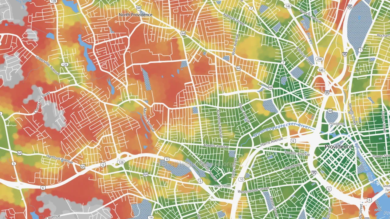 Walk Grade map of Mount Pleasant, Providence, RI, walkable areas in green and car-dependent areas in red