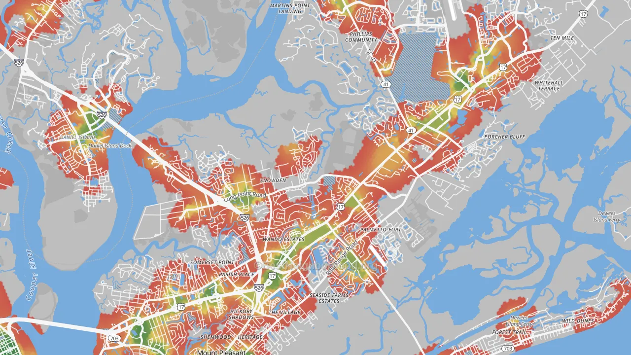 Walk Grade map of Mount Pleasant, SC, walkable areas in green and car-dependent areas in red