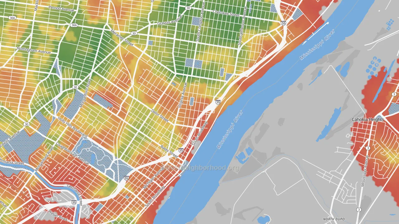 Walk Grade map of Mount Pleasant, St. Louis, MO, walkable areas in green and car-dependent areas in red