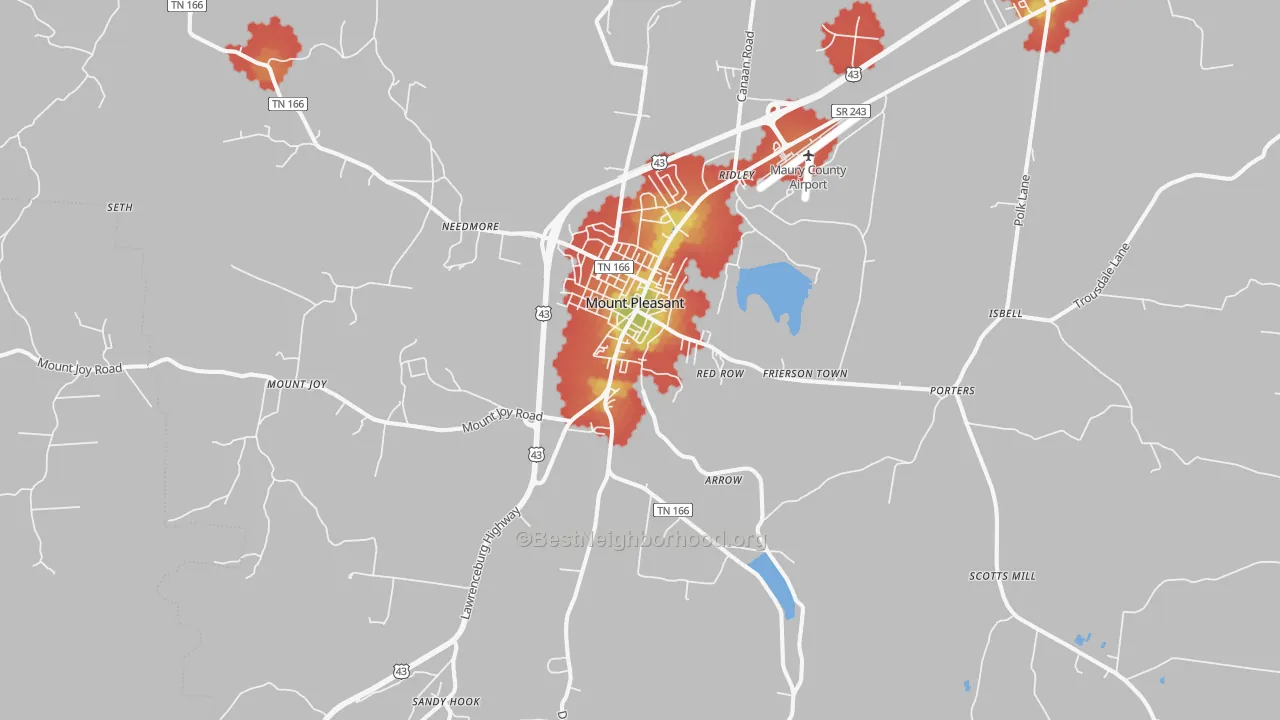Walk Grade map of Mount Pleasant, TN, walkable areas in green and car-dependent areas in red