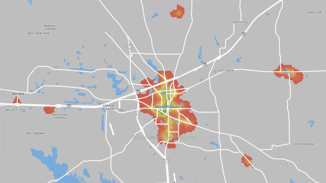 Walk Grade map of Mount Pleasant, TX, walkable areas in green and car-dependent areas in red