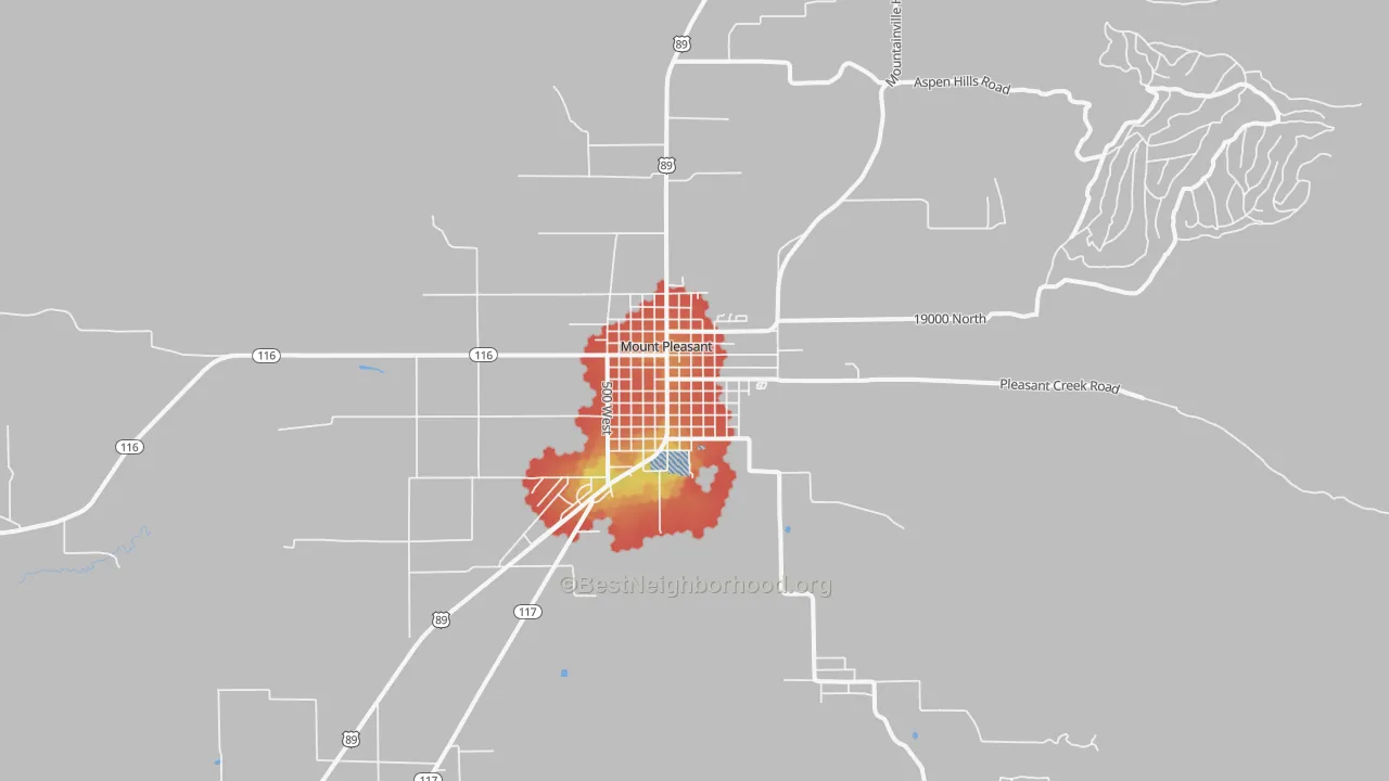 Walk Grade map of Mount Pleasant, UT, walkable areas in green and car-dependent areas in red