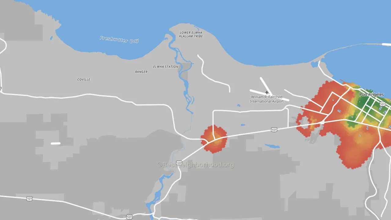 Walk Grade map of Mount Pleasant, WA, walkable areas in green and car-dependent areas in red