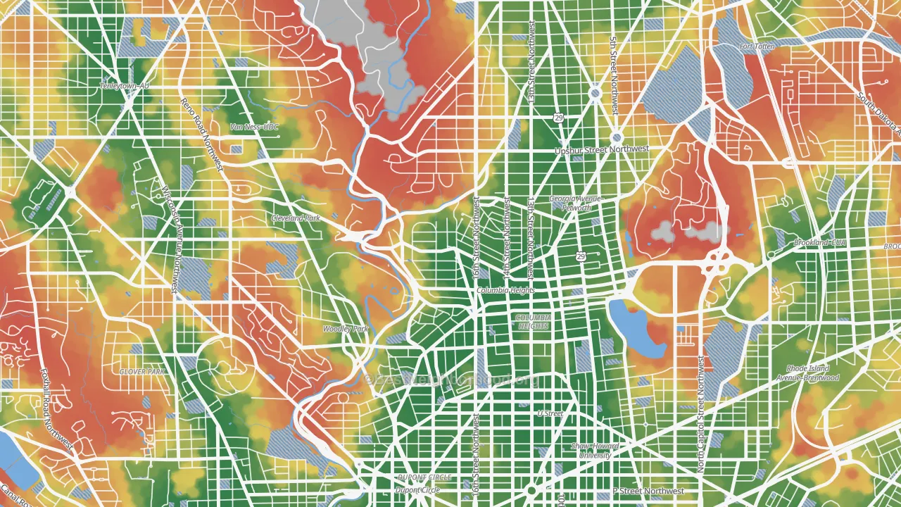 Walk Grade map of Mount Pleasant, Washington, DC, walkable areas in green and car-dependent areas in red