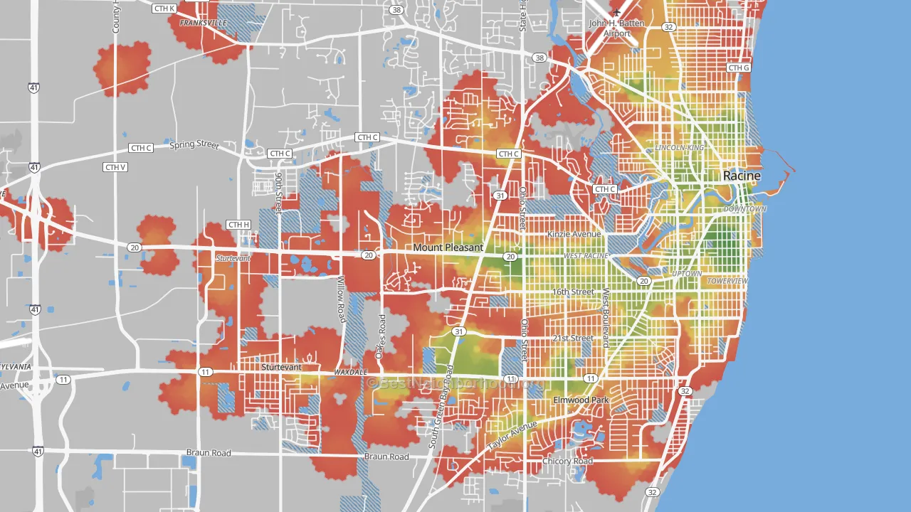 Walk Grade map of Mount Pleasant, WI, walkable areas in green and car-dependent areas in red