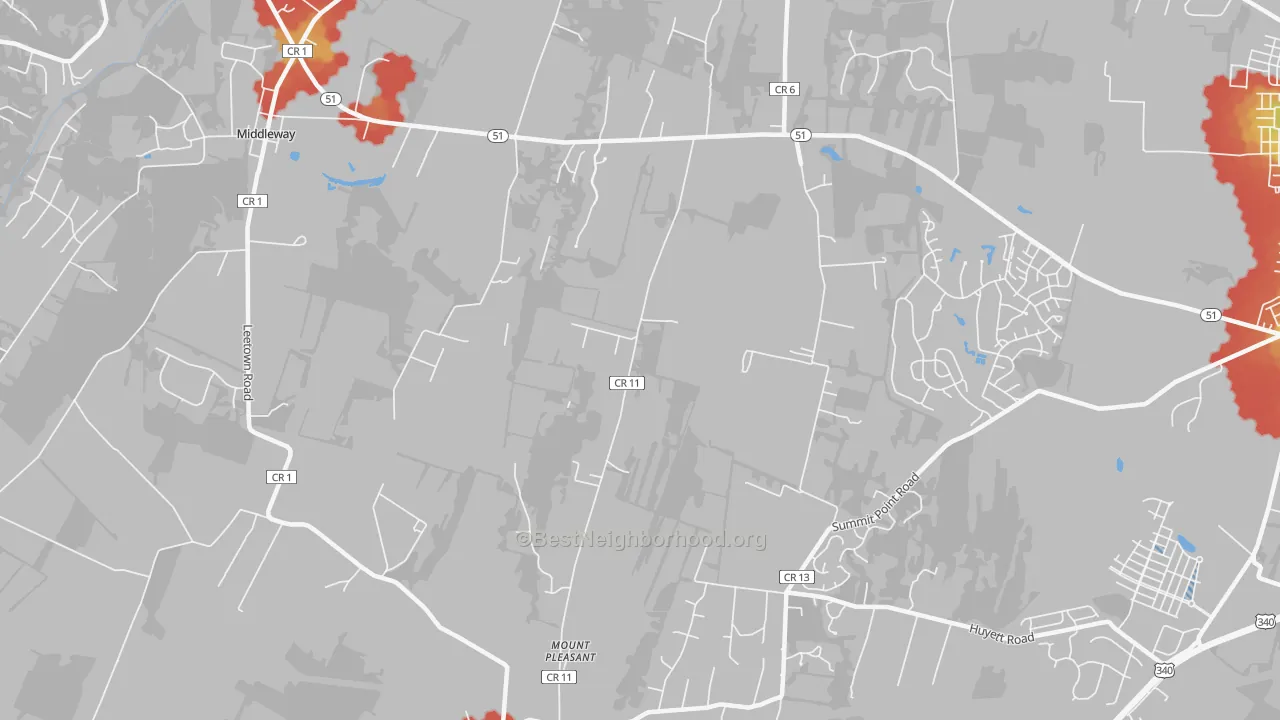 Walk Grade map of Mount Pleasant, WV, walkable areas in green and car-dependent areas in red