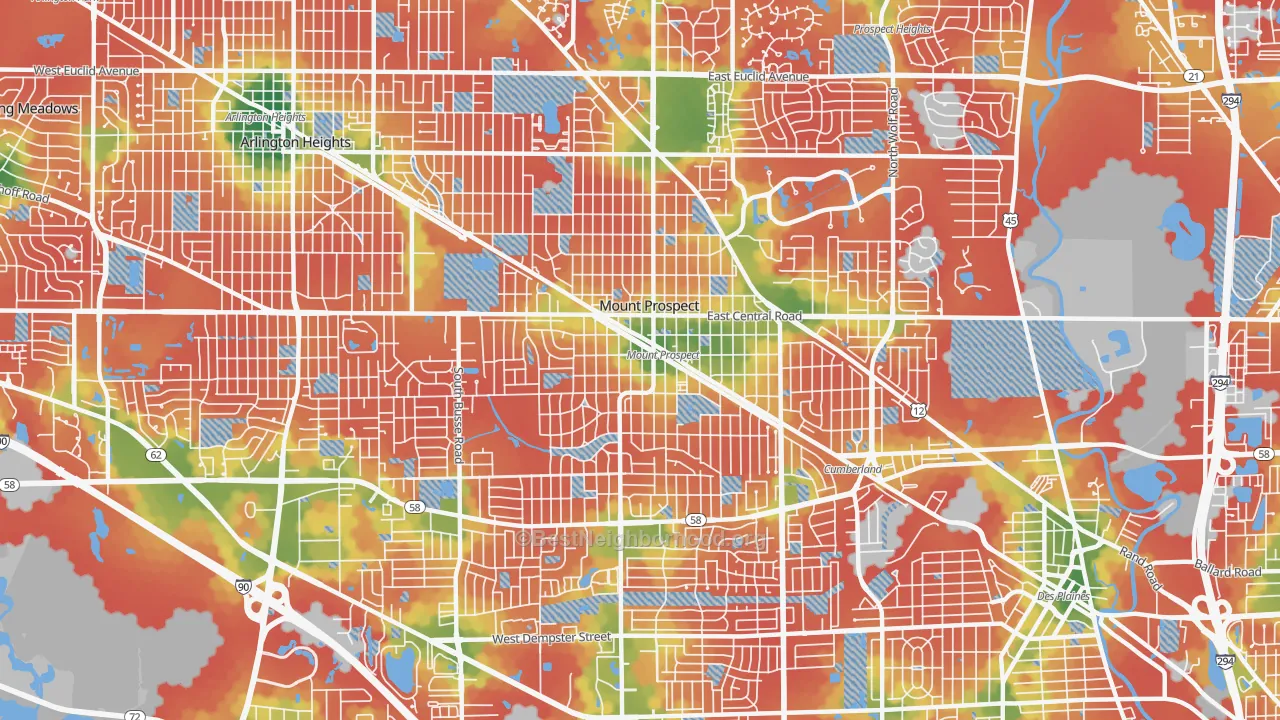Walk Grade map of Mount Prospect, IL, walkable areas in green and car-dependent areas in red