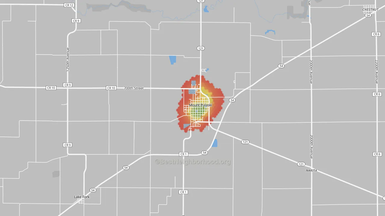 Walk Grade map of Mount Pulaski, IL, walkable areas in green and car-dependent areas in red