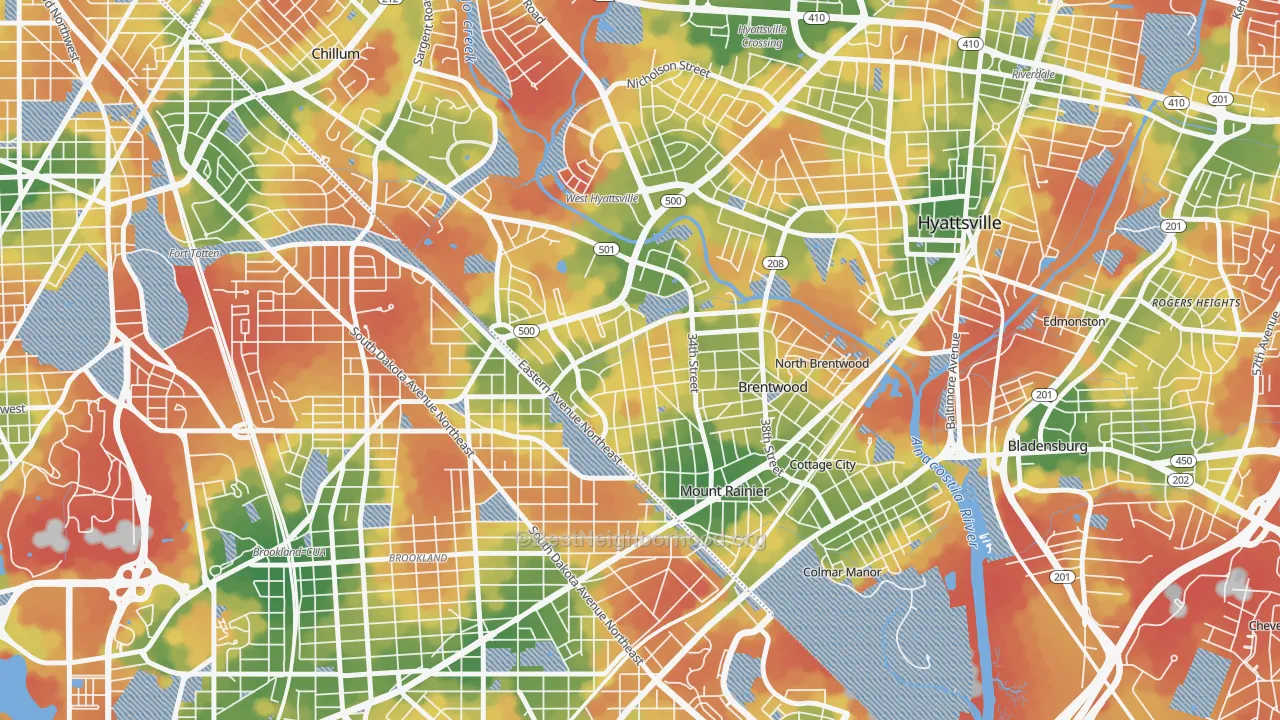 Walk Grade map of Mount Rainier, MD, walkable areas in green and car-dependent areas in red