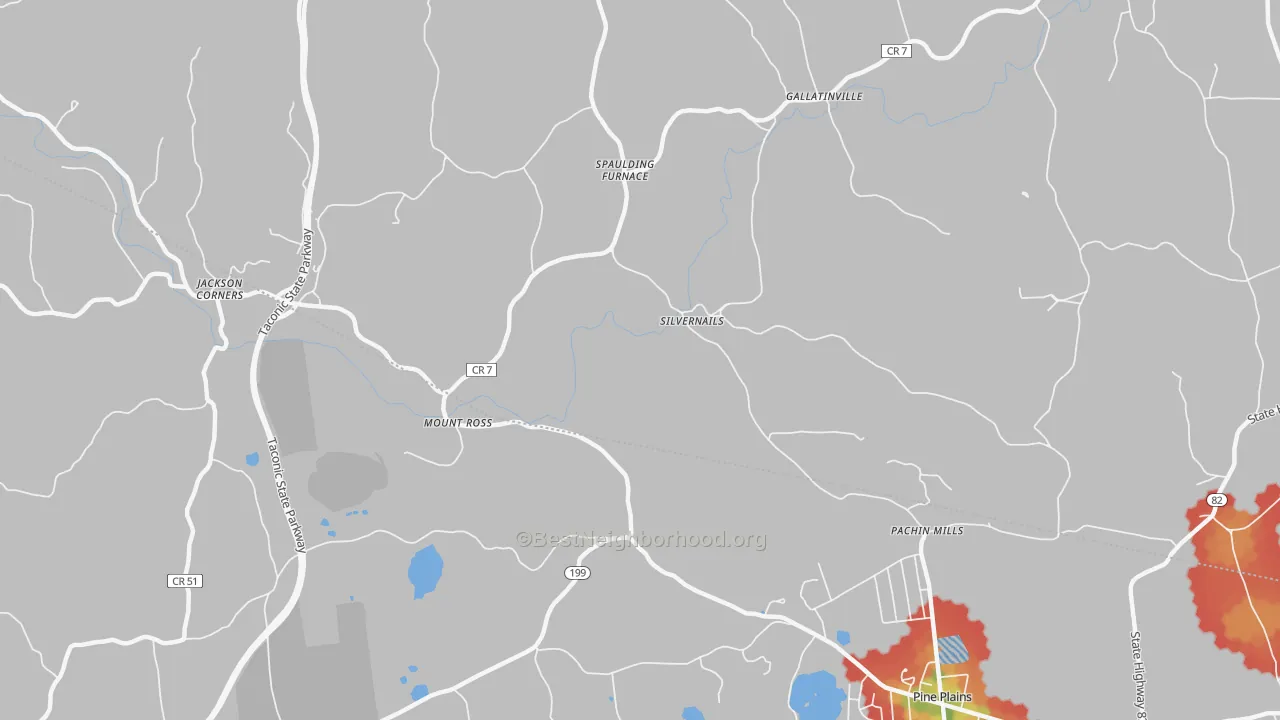 Walk Grade map of Mount Ross, NY, walkable areas in green and car-dependent areas in red