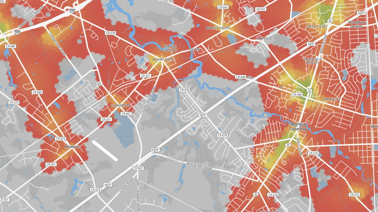 Walk Grade map of Mount Royal, NJ, walkable areas in green and car-dependent areas in red