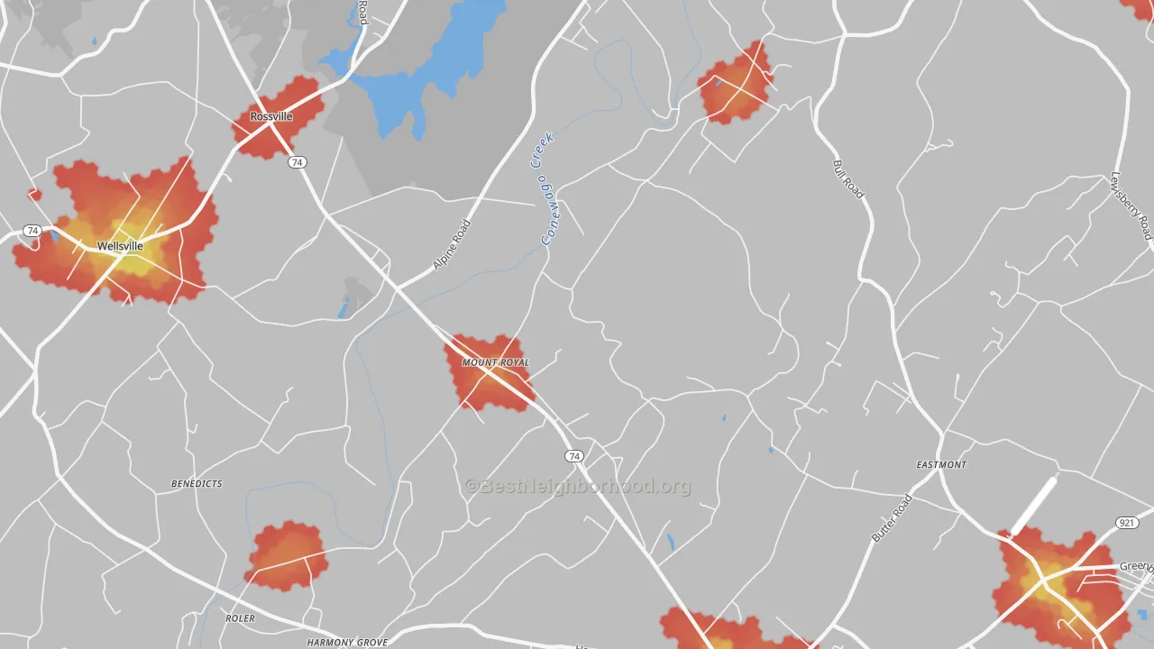 Walk Grade map of Mount Royal, PA, walkable areas in green and car-dependent areas in red