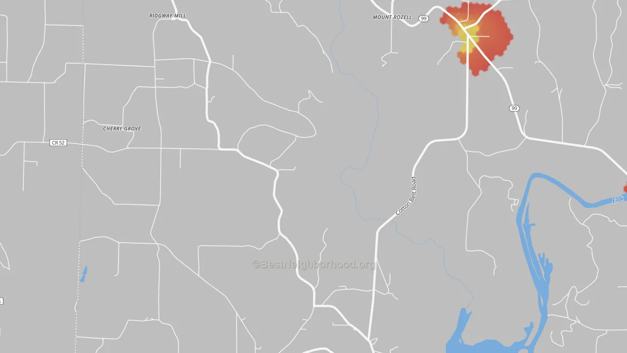 Walk Grade map of Mount Rozell, AL, walkable areas in green and car-dependent areas in red