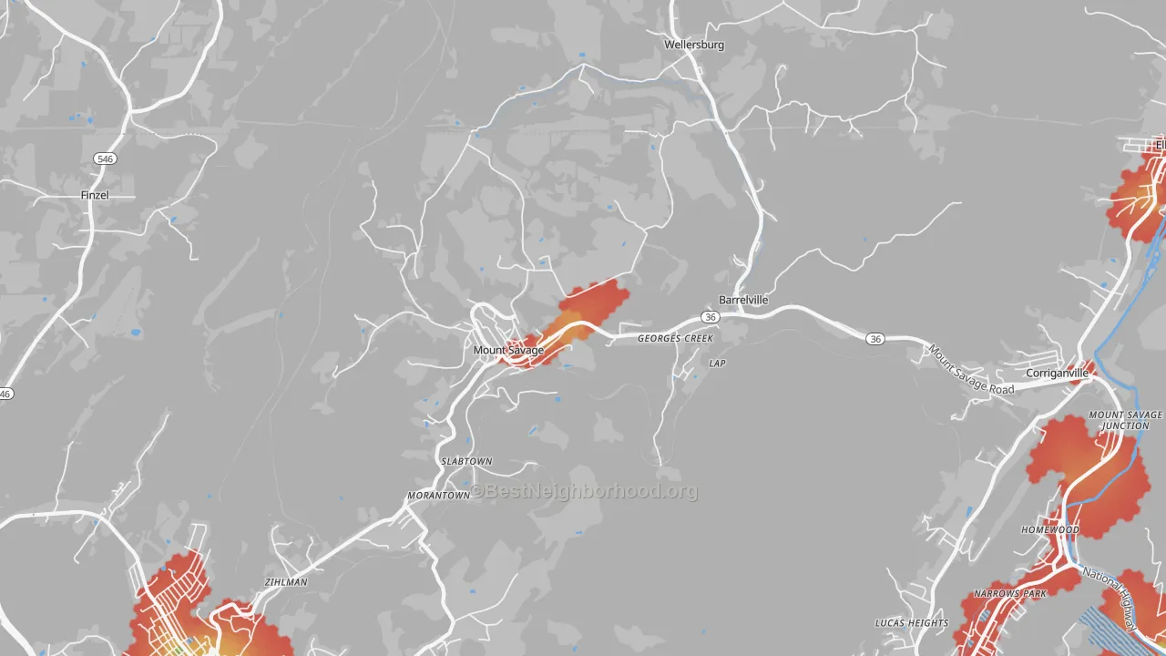 Walk Grade map of Mount Savage, MD, walkable areas in green and car-dependent areas in red
