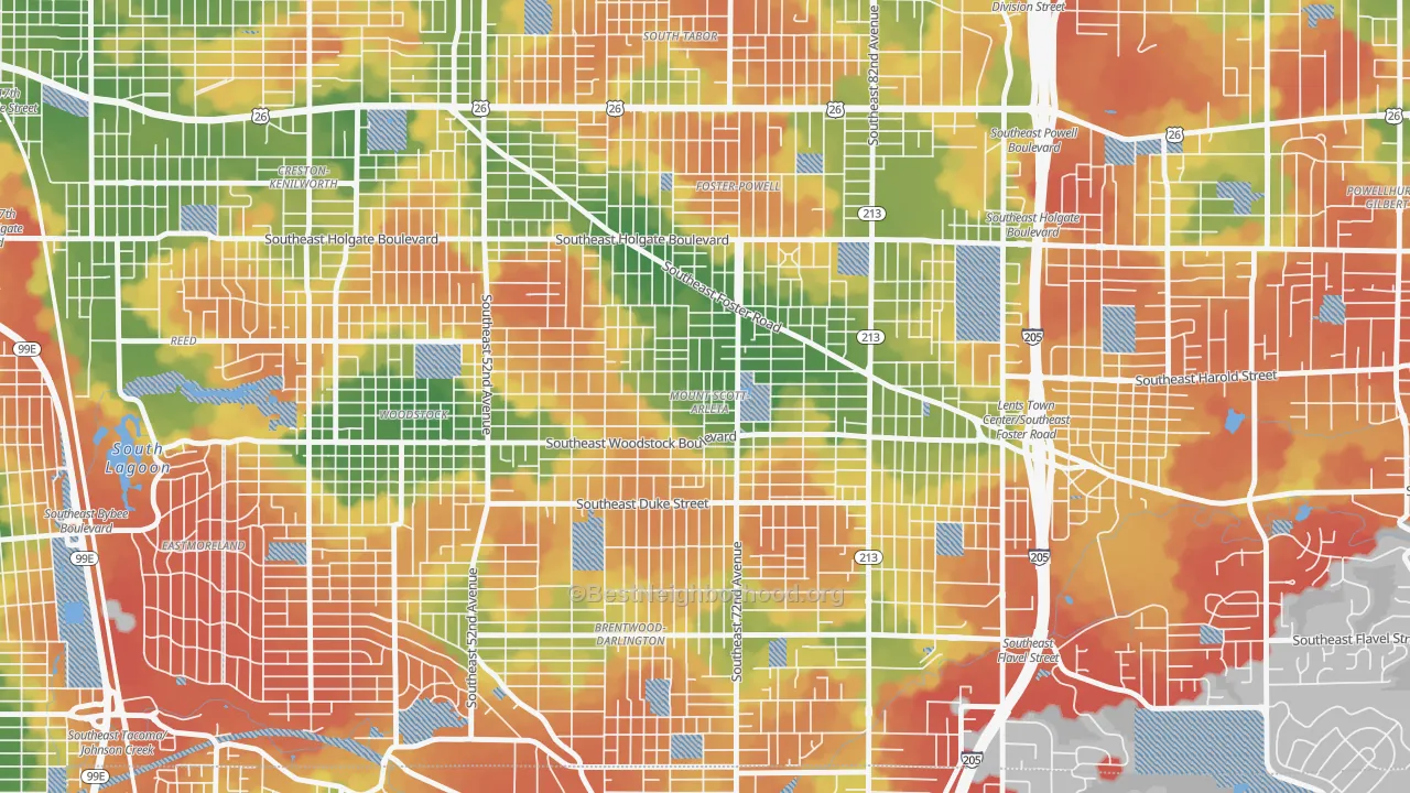 Walk Grade map of Mount Scott, Portland, OR, walkable areas in green and car-dependent areas in red
