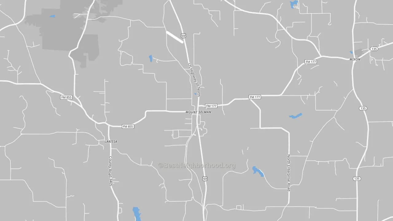 Walk Grade map of Mount Selman, TX, walkable areas in green and car-dependent areas in red
