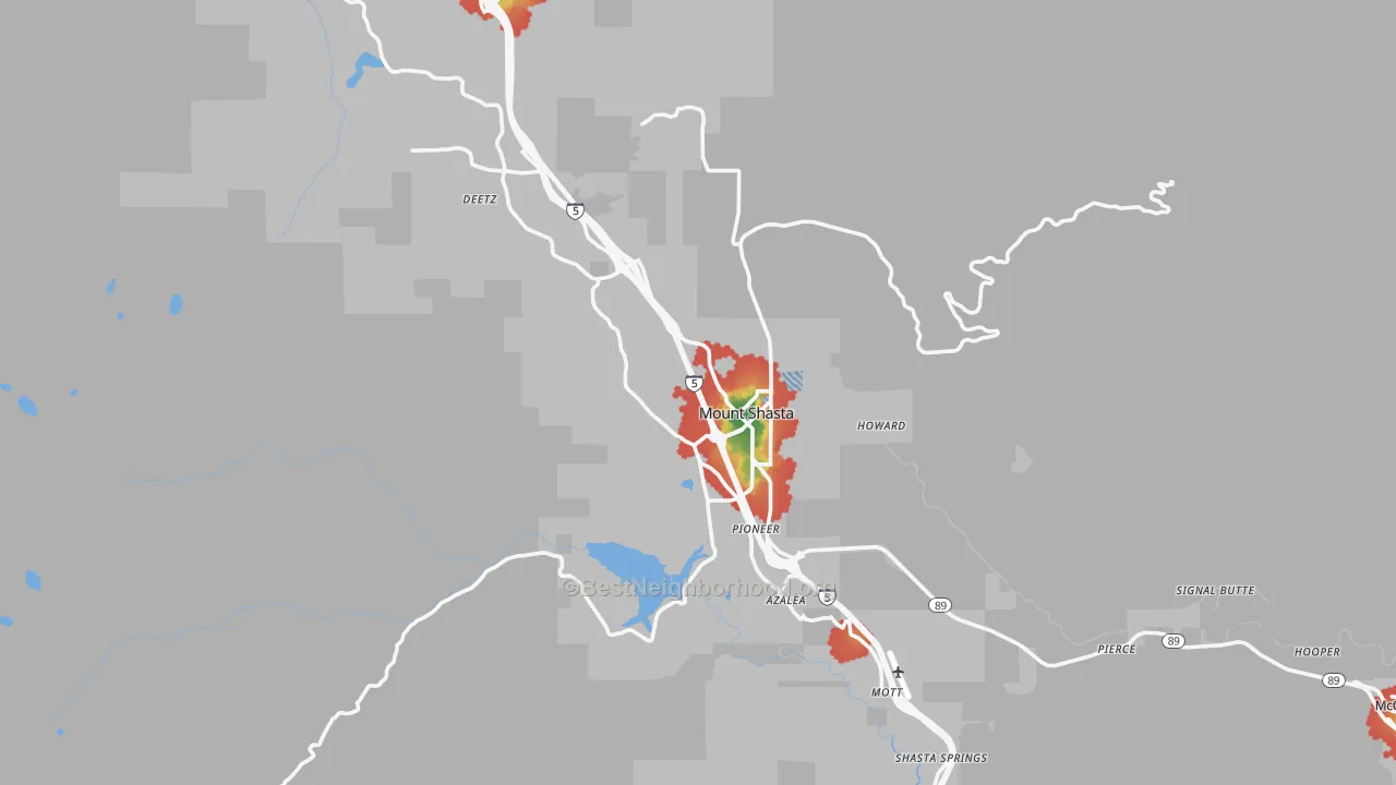 Walk Grade map of Mount Shasta, CA, walkable areas in green and car-dependent areas in red