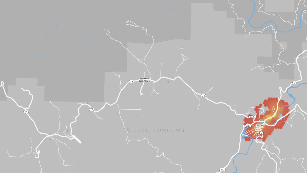 Walk Grade map of Mount Sherman, AR, walkable areas in green and car-dependent areas in red
