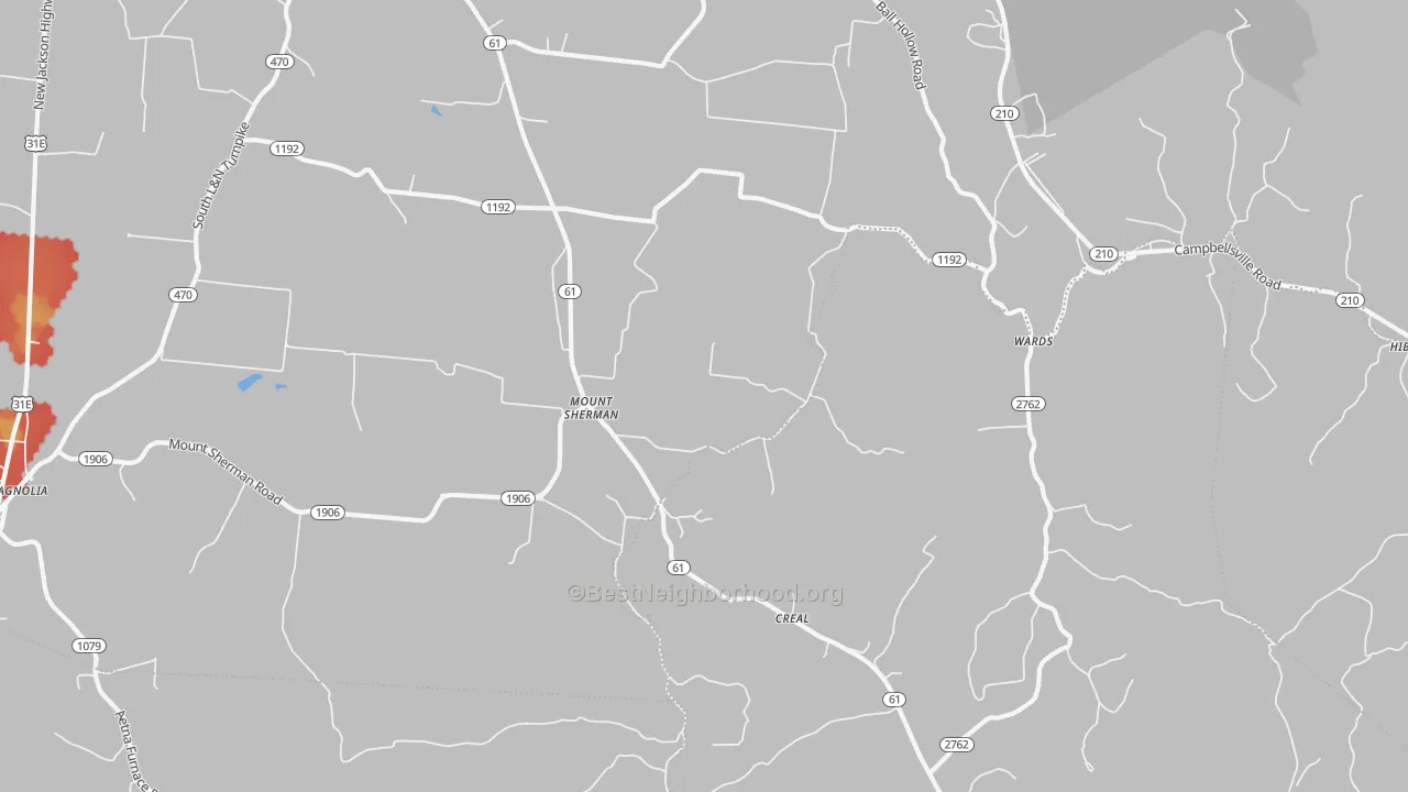 Walk Grade map of Mount Sherman, KY, walkable areas in green and car-dependent areas in red