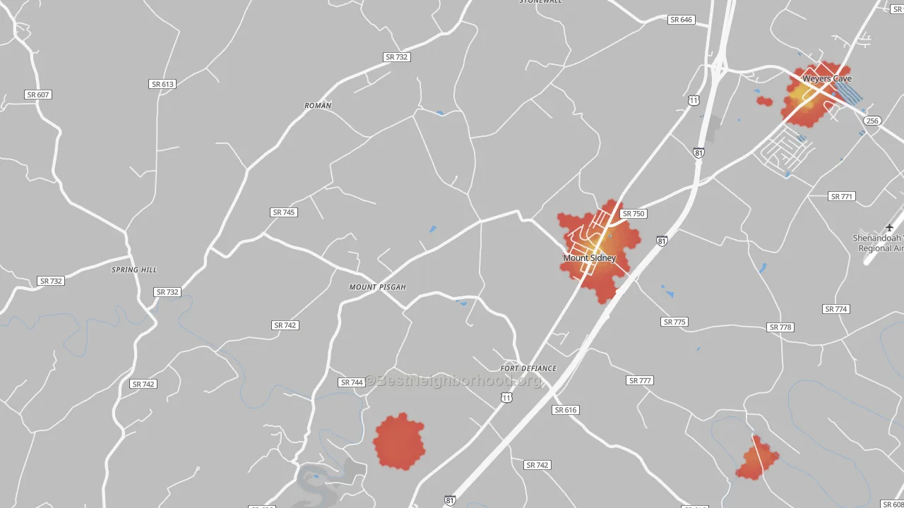 Walk Grade map of Mount Sidney, VA, walkable areas in green and car-dependent areas in red