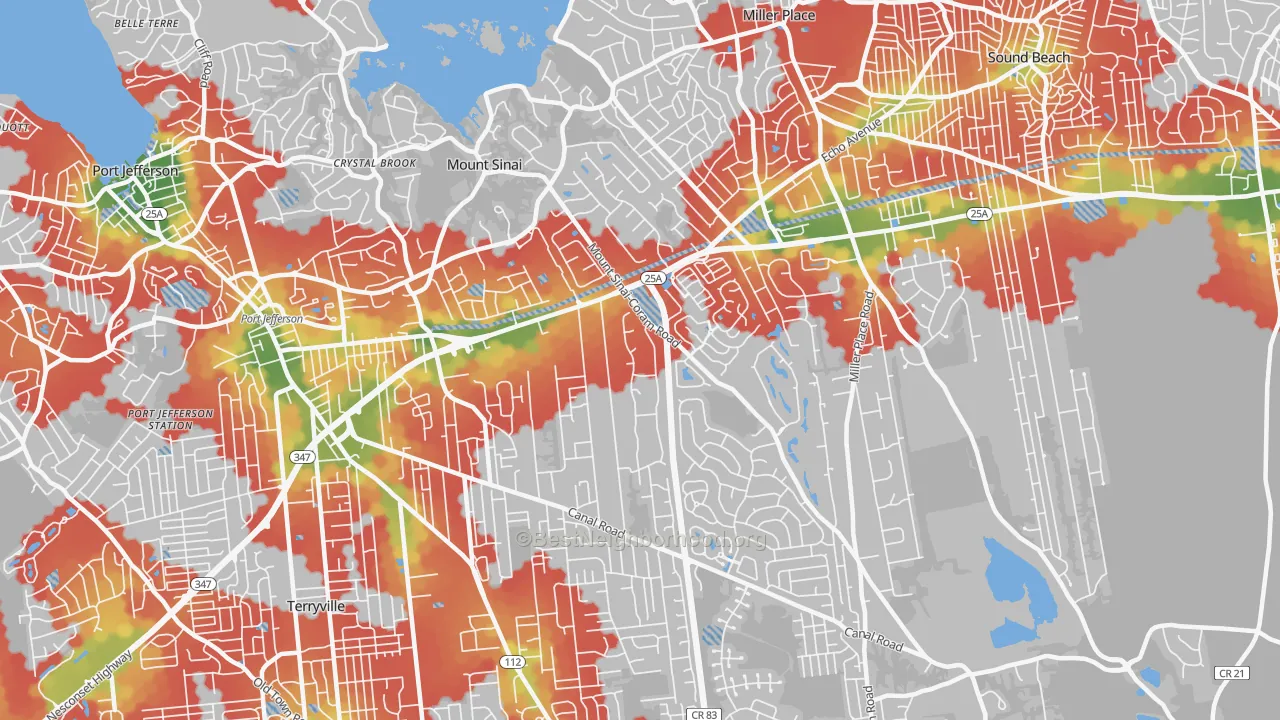 Walk Grade map of Mount Sinai, NY, walkable areas in green and car-dependent areas in red