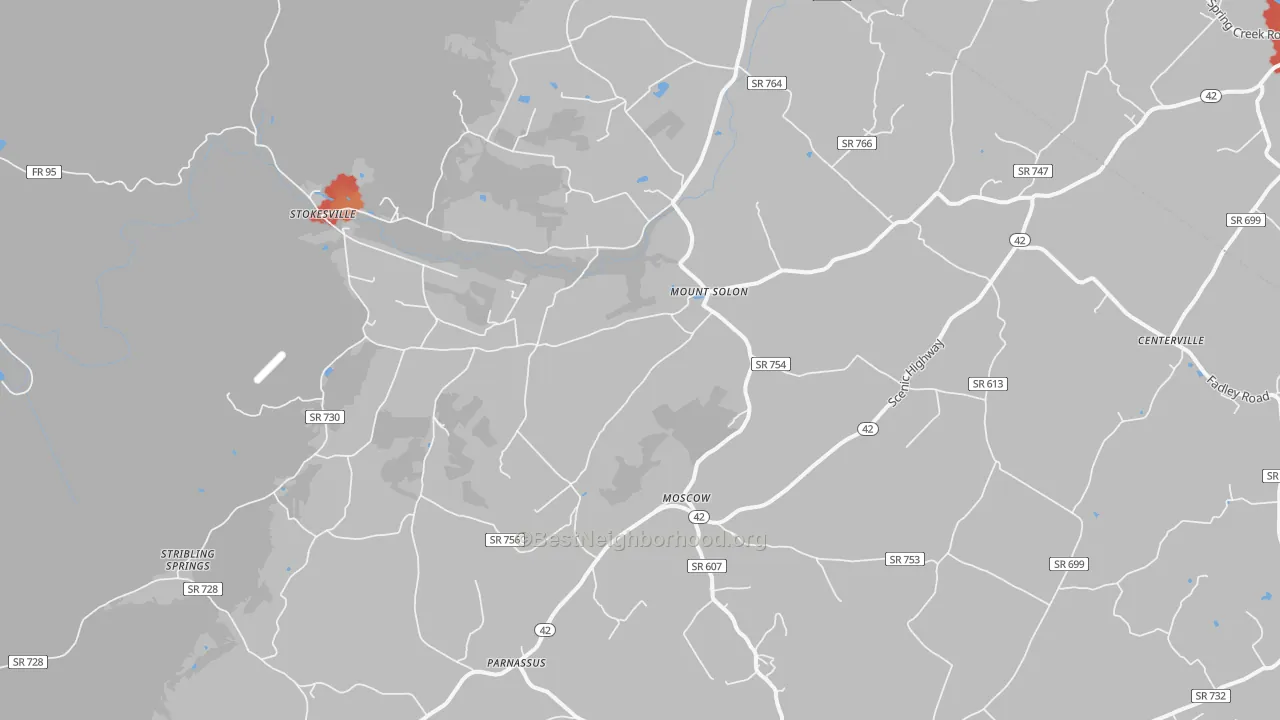Walk Grade map of Mount Solon, VA, walkable areas in green and car-dependent areas in red