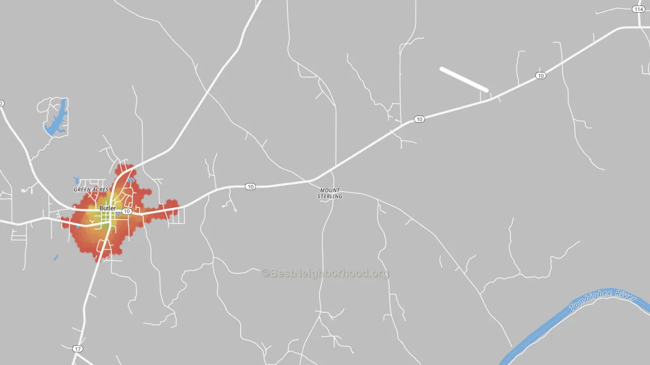Walk Grade map of Mount Sterling, AL, walkable areas in green and car-dependent areas in red