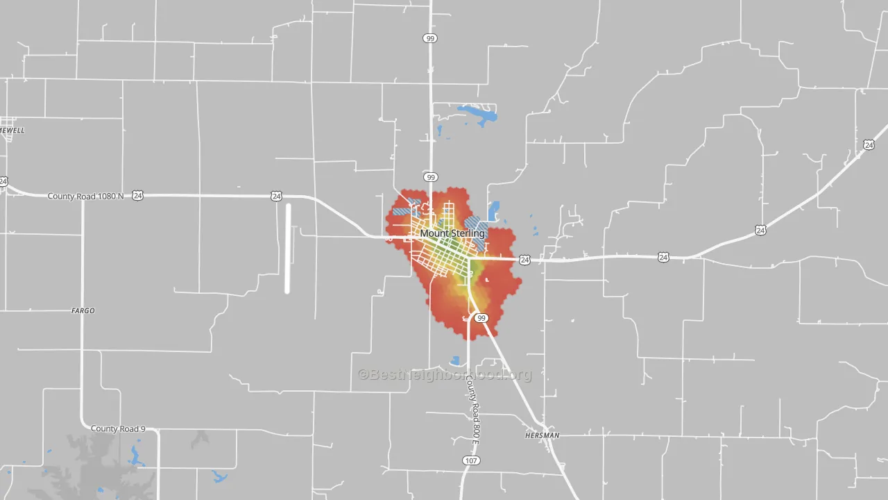 Walk Grade map of Mount Sterling, IL, walkable areas in green and car-dependent areas in red