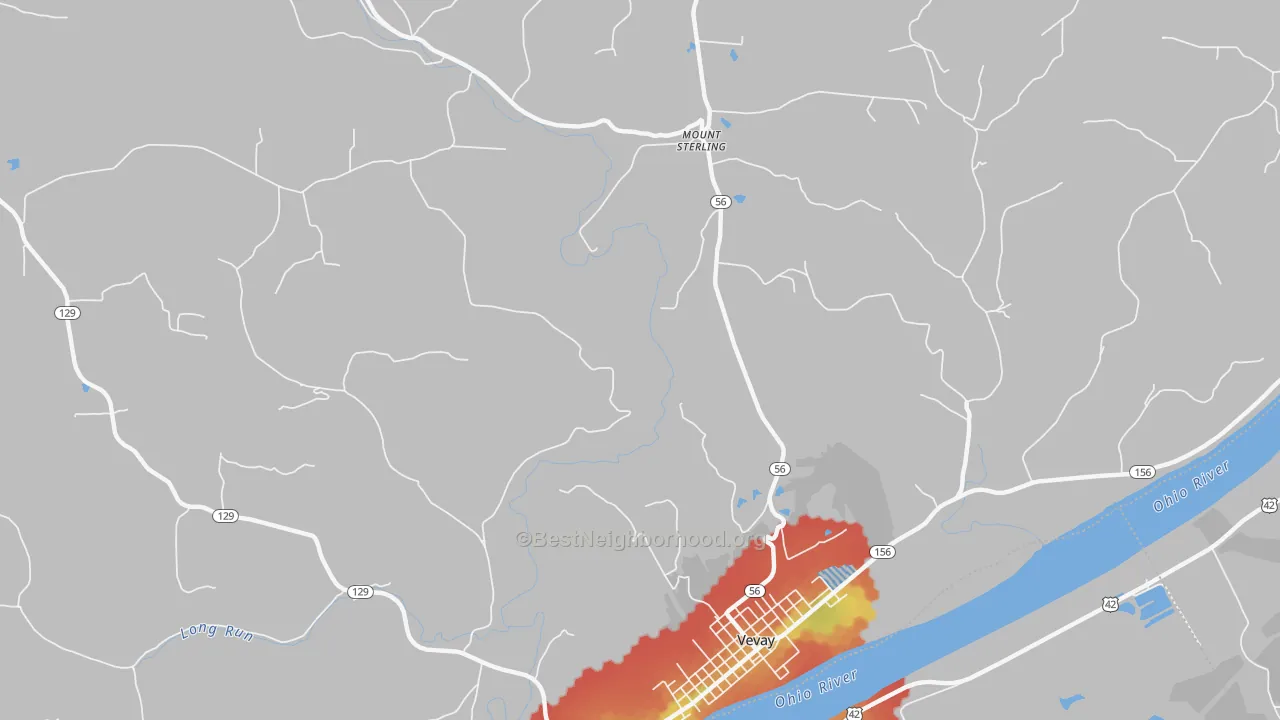 Walk Grade map of Mount Sterling, IN, walkable areas in green and car-dependent areas in red