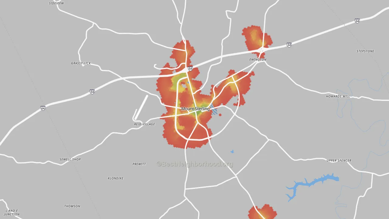 Walk Grade map of Mount Sterling, KY, walkable areas in green and car-dependent areas in red