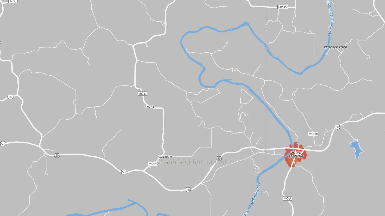 Walk Grade map of Mount Sterling, MO, walkable areas in green and car-dependent areas in red