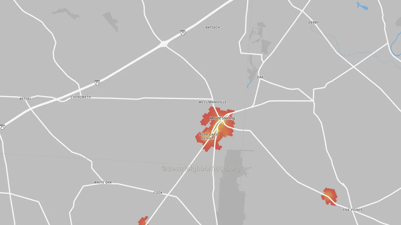 Walk Grade map of Mount Sterling, OH, walkable areas in green and car-dependent areas in red